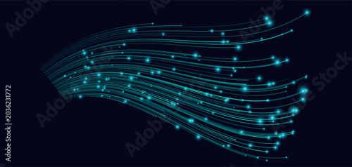 Cyan flowing curved light lines on dark background