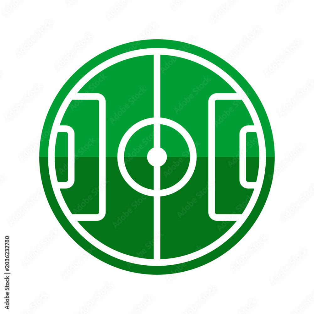 Naklejka premium Icono deportivo. Logo con vista aérea de un campo de fútbol con forma circular de color verde, con las líneas reglamentarias en color blanco
