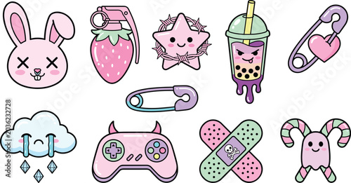 Photos Cute Kawaii Sticker Icon Collection Featuring Bunny, Strawberry, Bubble Tea, Gam