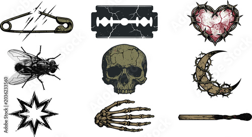 Photography Dark Grunge Gothic Symbol Collection Featuring Skull, Razor Blade, Thorn Heart,