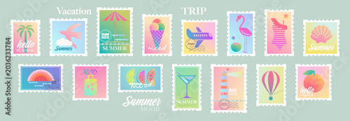 Postage stamps for summer travel postcards. Set of postal stickers for mail, posters or icons in retro design. Vintage labels in flat design. Modern gradient geometric vector illustration.