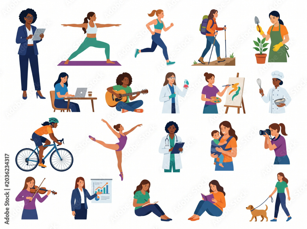 Fototapeta premium Collection of various professional women depicted in a set of flat characters representing diverse daily activities isolated on a white background.