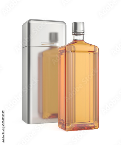 Bottle of whisky, bourbon, brandy, or cognac with a shiny metal box on white background