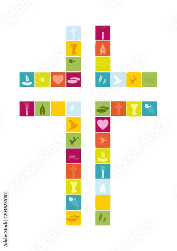 Christian cross symbol made of colorful religious icons