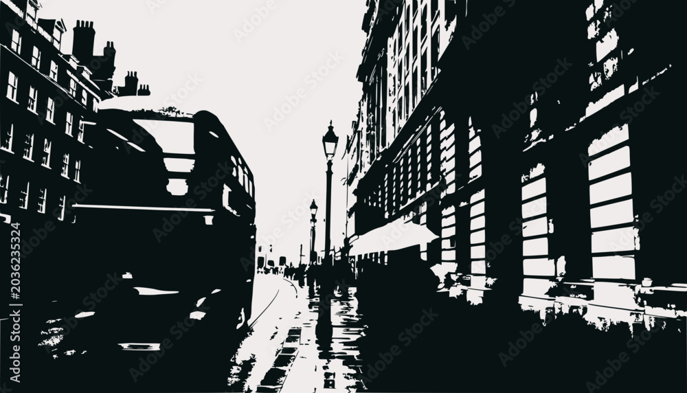 Obraz premium Monochrome London Street Scene with Double Decker Bus and Victorian Architecture