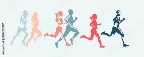 Colorful silhouettes of diverse people jogging for fitness