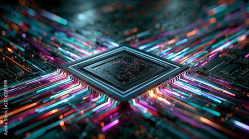 Advanced electronic processor chip glowing with bright neon data streams on a dark circuit board