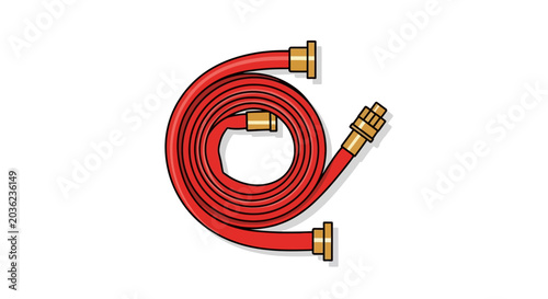 Red garden hose with brass fittings coiled on white background