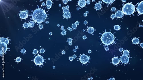 Viruses, bacteria, coronavirus clustered on blue background, many microorganisms under microscope close-up, immune response, 3D animation.	