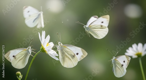 White butterflies fluttering around white flowers in natural outdoor scene