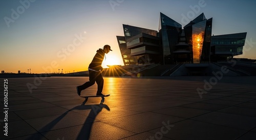 Skateboarder silhouette against a sunset and modern architecture backdrop