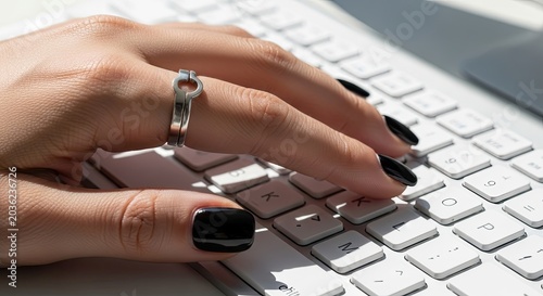 Womans hand typing on a white computer keyboard close up view