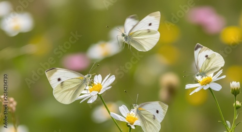 White butterflies fluttering among wildflowers in a vibrant summer meadow