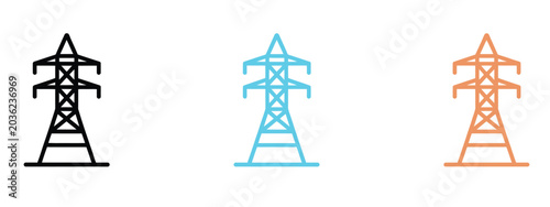 Electric power transmission tower icons featuring black, blue, and orange designs for energy, electricity, and infrastructure industry concepts. Vector illustration.