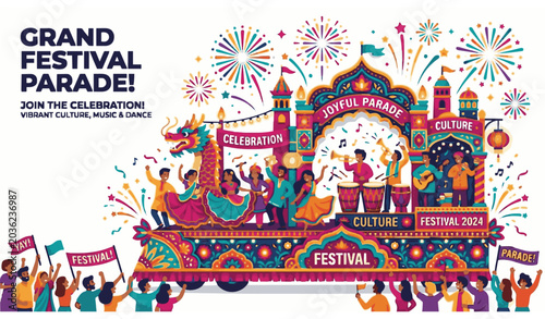 Fotografie Vibrant festival float parade with performers and fireworks vector illustration