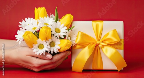 Woman holding bouquet of flowers and gift box on vibrant red backdrop
