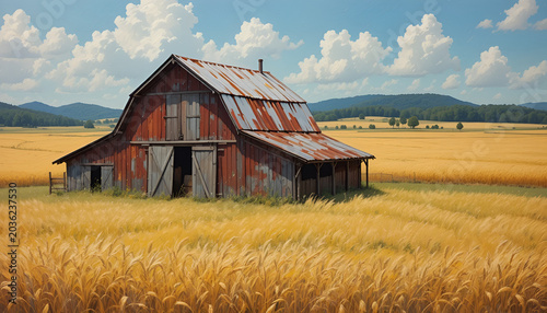 Old rusty barn standing in a vast golden wheat field under a blue sky with fluffy white clouds on a sunny day