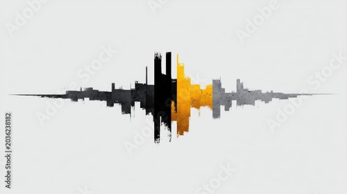 Abstract skyline graphic illustration featuring vertical lines and grunge textures in black gold and gray colors on a light background