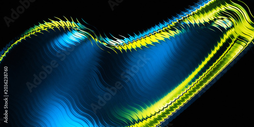 Futuristic 3D liquid metal glass wave surface with blue and lime neon gradient, glossy ribbed texture and smooth fluid distortion render