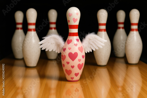 Decorated bowling pin with heart pattern and angel wing standing out among standard pin on wooden lane surface