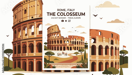 Canvas Print Minimal flat vector illustration of the Colosseum with warm earthy tones, geometric shapes, simple flat shadows, and a modern travel poster aesthetic on a white background