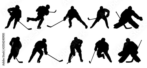 Ice Hockey Players Silhouettes Set in Various Dynamic Actions