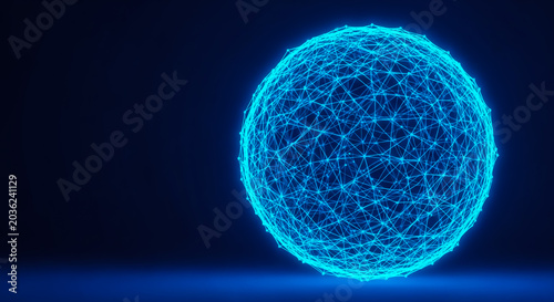 A futuristic glowing blue sphere with interconnected lines, representing technology or data, set against a dark background.