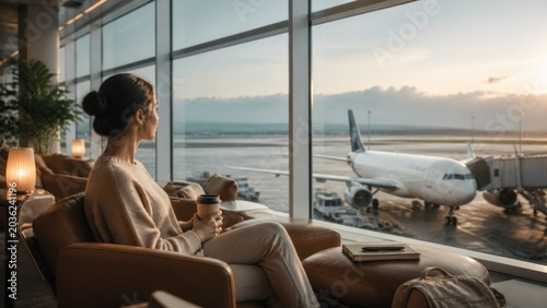 Passenger waits at airport lounge while looking at airplane parked outside during sunset