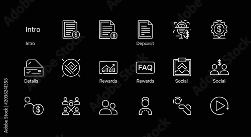 Modern Business Icons Set: Finance, Social, FAQ, and More on Black Background