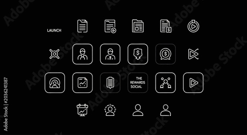 Modern Business Icons Set: Launch, Data, People, Finance, Social Media, Video