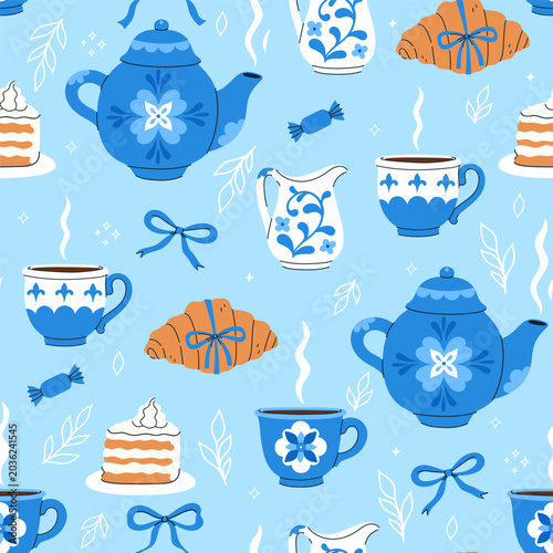 Seamless pattern with tea-drinking items. Vector graphics.