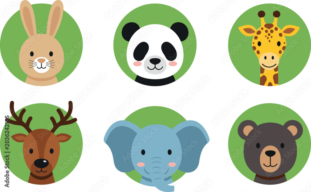 Fototapeta premium Cute Wild And Domestic Animal Faces Collection Vector Illustration Set With Bunny Panda Giraffe Deer Elephant And Bear