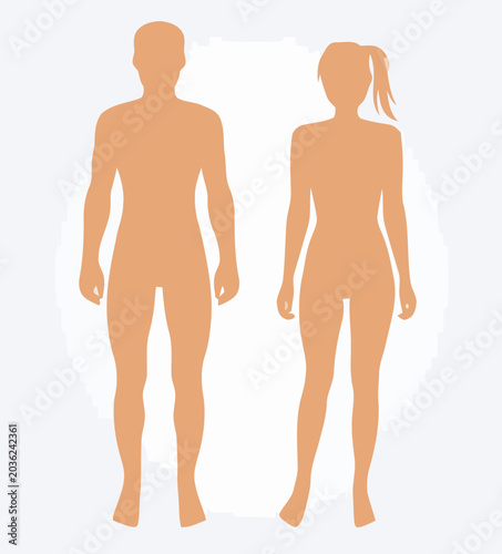 Male and female silhouettes standing, minimalist human body icons