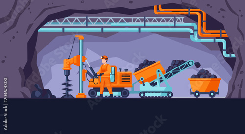 Fotografia Coal Mining Operation Vector Illustration Depicting Machinery and Worker in Unde