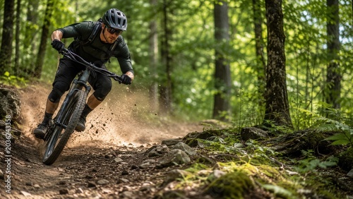 Mountain Biker on Dirt Trail person bike woods forest trees shade jump turn downhill rider dark green