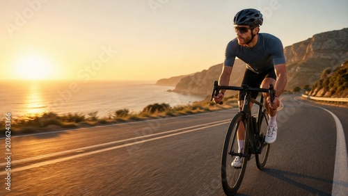 Cyclist Riding Bicycle on Road at Sunset mountains outdoor recreation travel lifestyle adventure serene
