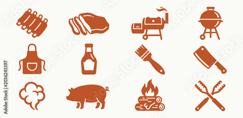 Barbecue and Grilling Icon Set for Outdoor Cooking and Culinary Branding