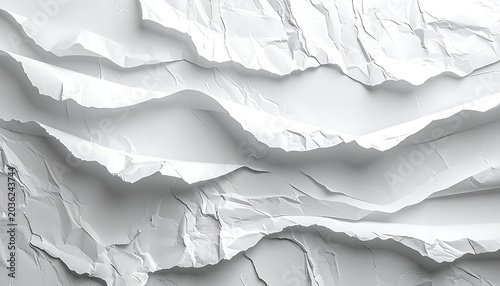 Abstract white layered paper texture with subtle dark speckles, dynamic crumpled folds and jagged edges, digital art