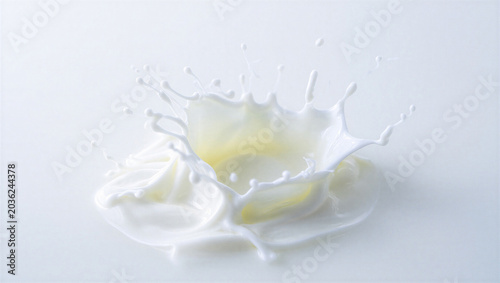 Photography Dynamic milk splash frozen in action against pure white background, liquid artis