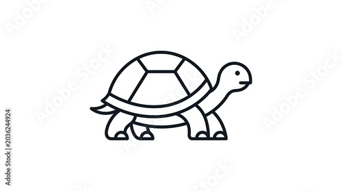 Cartoon tortoise illustration walks happily across a clean white background with a simple outline.