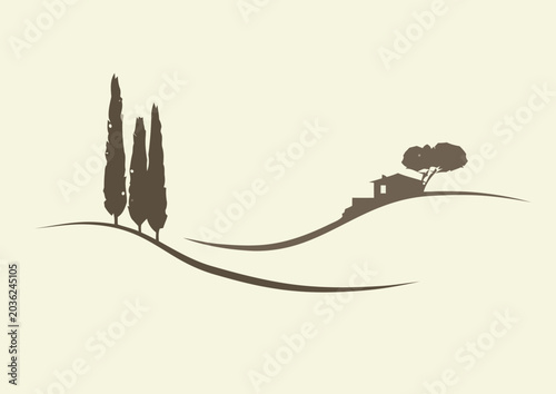 Minimalist Tuscany landscape illustration with cypress trees and villa