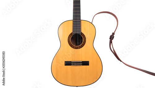 Acoustic guitar with a leather strap, isolated on a white background, perfect for music lessons or performance