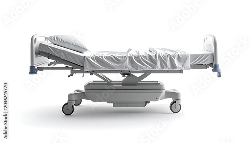 Adjustable hospital bed with mattress and clean white linens isolated on a white background, medical equipment, healthcare facility furniture
