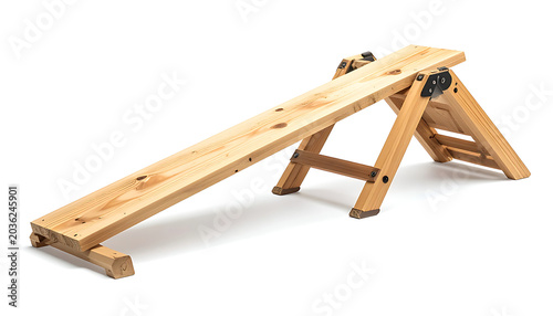 Adjustable wooden ramp with angled planks and metal hinges, used for agility training or as a pet play structure