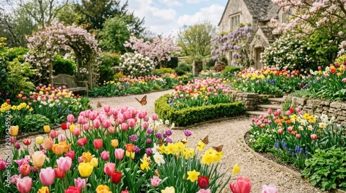 A vibrant garden scene showcases a charming stone house surrounded by a profusion of colorful flowers.