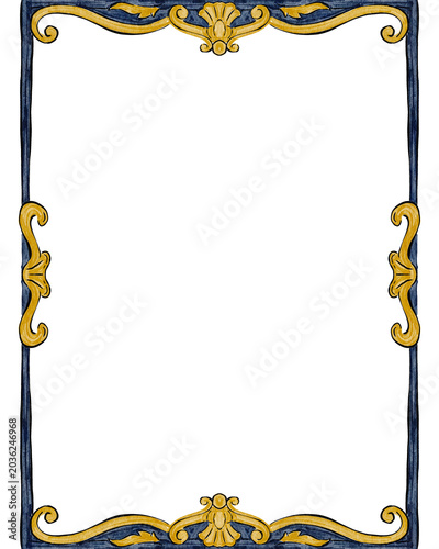 Ornate gold, blue frame border, decorative vintage design element, luxury template