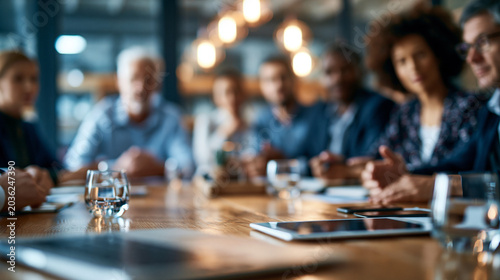 Blurred conference room scene with business leaders sitting around a table in a product development discussion, the defocused background ideal for corporate marketing materials, brand