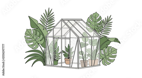 Quadro su tela Greenhouse with Tropical Plants Illustration