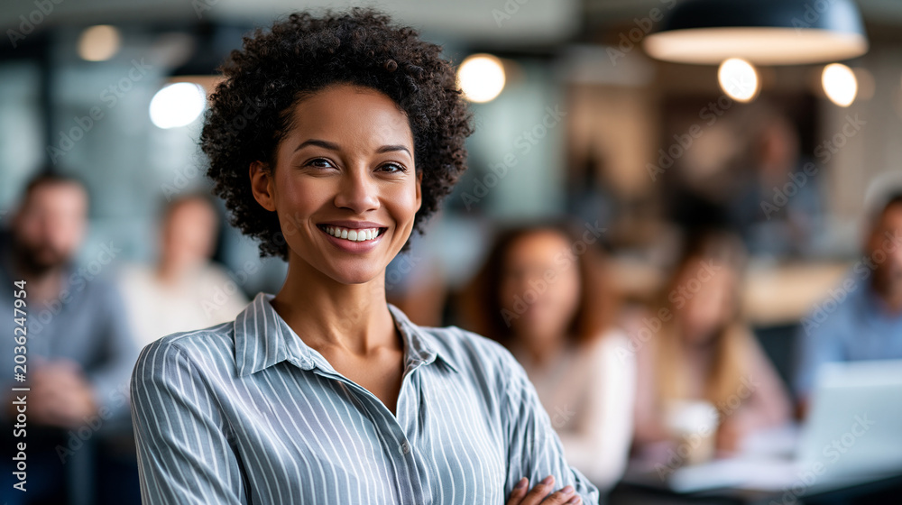 Fototapeta premium Confident team leader delivering a presentation to a diverse and engaged multiracial team in a well-lit modern office environment, the scene emphasizing teamwork, business strategy, and