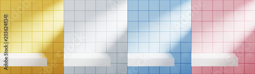 Set of yellow, white, blue and pink ceramic tile wall background. Empty bathroom shelf mockup with realistic window shadow overlay.